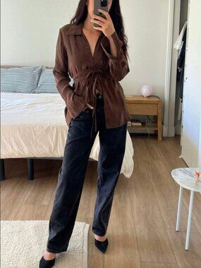 NWT A Bronze Age Revel Top, Brown Wrap Blouse with Ties, Size Small, Vegan Silk